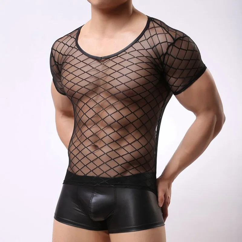 

Sexy Men Undershirts Plaid Mesh Transparent Short Sleeve Shirts Gay Lenceria Exotic Clubwear Male Sleepwear Roupas Masculinas