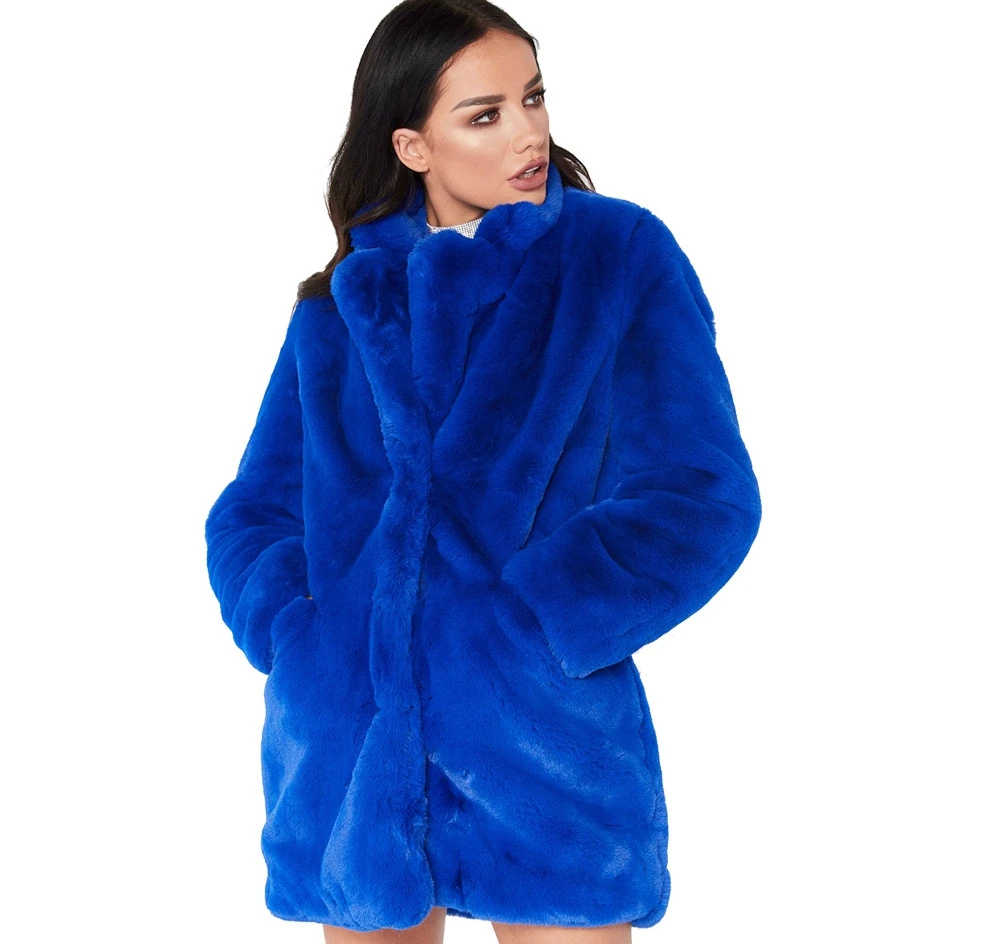 Женское пальто из искусственного меха, осенне-зимнее модное повседневное меховое пальто, мягкая плюшевая Женская куртка из искусственного меха - Цвет: Синий