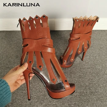 

Karinluna Plus Size 35-47 New Fashion Hot Sale Ankle Boots Woman Shoes High Heels Peep Toe 2020 Platform Shoes Women Boots