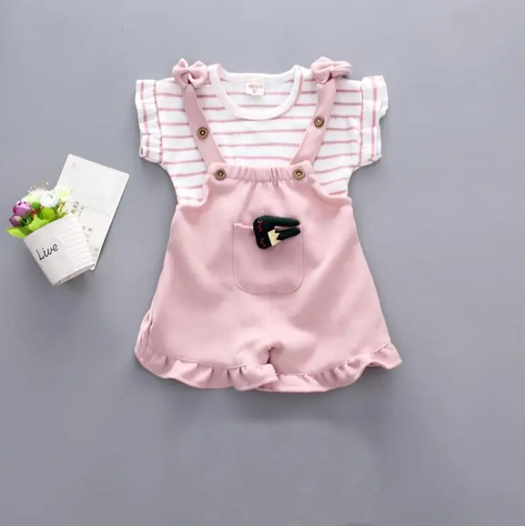 1 set kids girls Summer outfits 9m 12m 2T 3T 4T Toddler kids baby girls outfits cotton Tee+rompers outfits overall sets cute new baby clothing set	