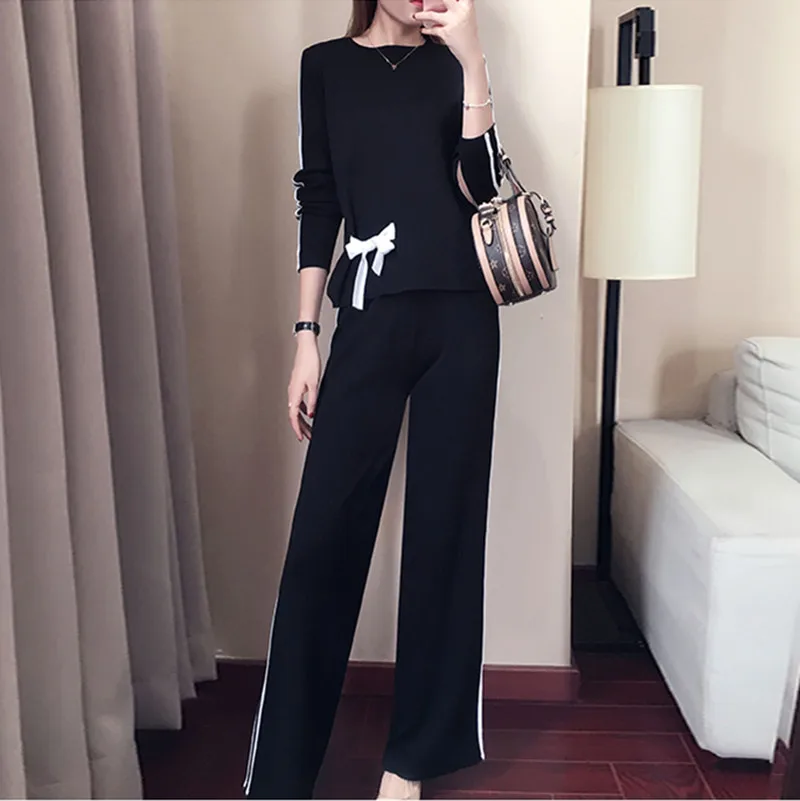 

Fashion Autumn Winter Women Knitted Tracksuit Two-piece Suite Long Sleeve Pullover+Set Elastic Waist Broad-legged Pants Suit