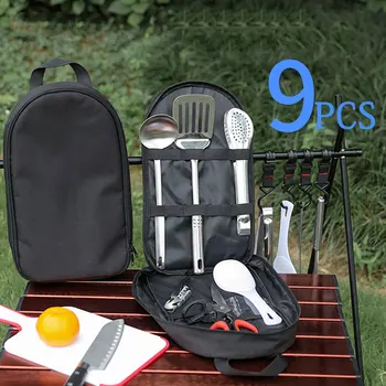 

Camp Kitchen Utensil Organizer Travel Set - Portable 9 Piece BBQ Camping Cookware Utensils Travel Kit X430D
