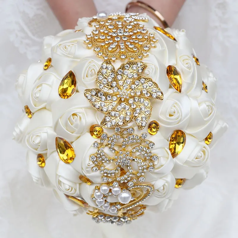 

Bride Bridesmaid Golden Rhinestone Pearl Church Wedding Handmade Bouquet Holding Flower Multi-color W227