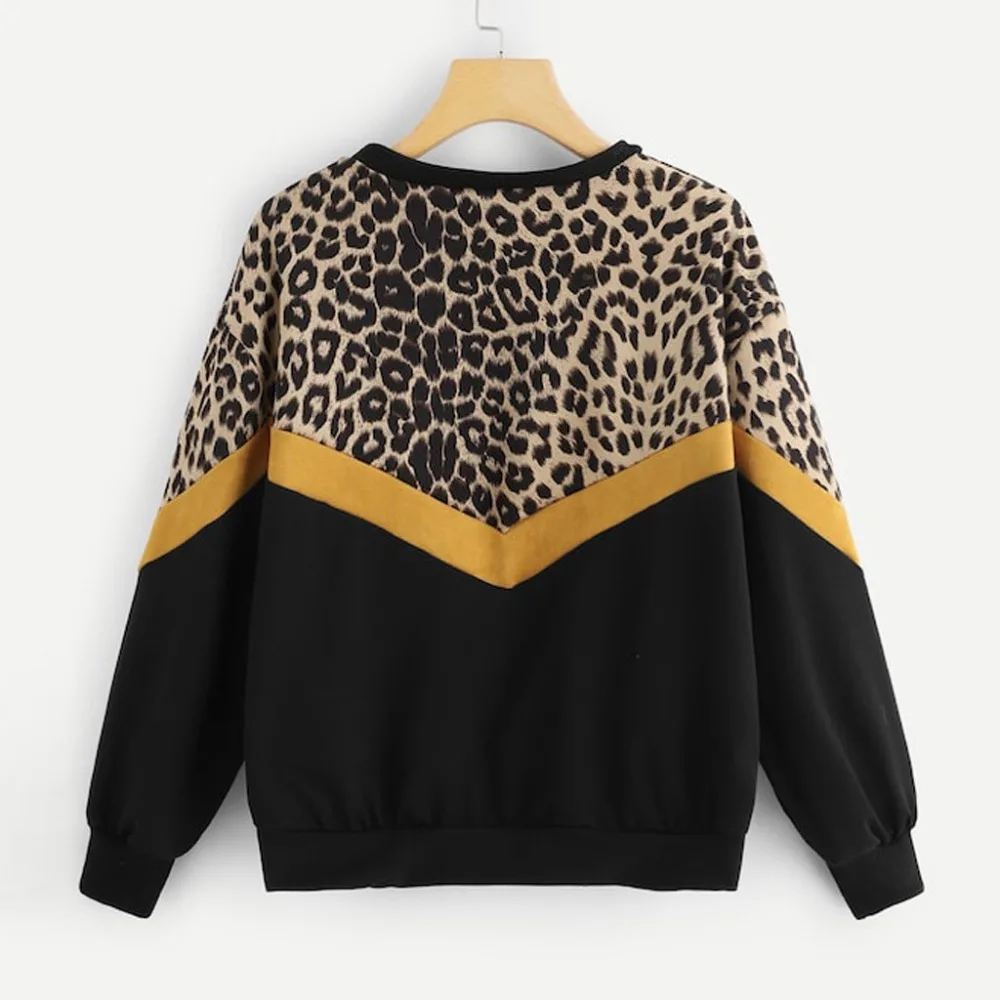 Леопардовая панельная толстовка с заниженным плечом, Женский пуловер с длинным рукавом и круглым вырезом, топы, Модные осенние женские повседневные толстовки B4
