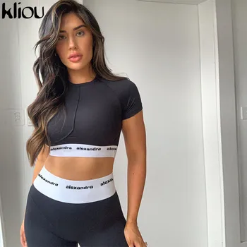 Solid letter print two piece set women stretchy sportswear o-neck crop tops+slim leggings matching sets female tracksuits