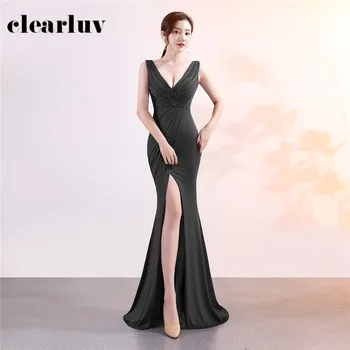 

Formal Party Long Dress Plus Size Elegant Sexy Sleeveless Robe De Soiree DX379-8 2020 Simple Black Split Mermaid Evening Dresses