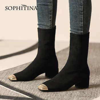 

SOPHITINA Women Boots Fashion Elegant Handmade Mid-Calf Boots Metal Decoration Square Toe Square Heel Black Shoes Women MO722
