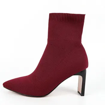 

Sexy Sock Boots Women Stretch Knitting Square High Heel Ankle Boots Fashion Black Pointed Toe Ladies Shoes