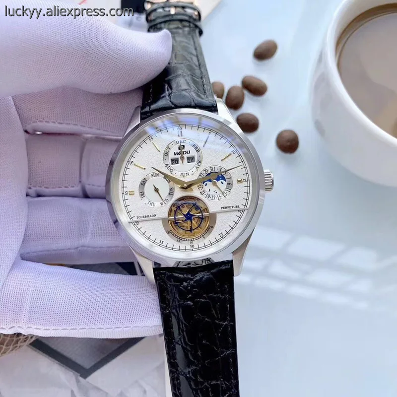 

New Famous Brand 43mm Men's Multifunction Automatic Mechanical Watch Gold Tourbillon silver stainless steel casual watch A161