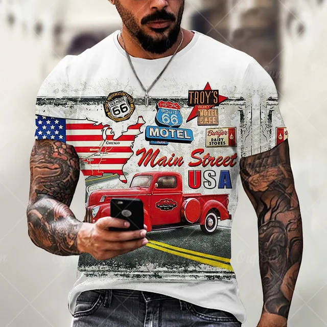 Summer New Mens T Shirts Oversized Loose Clothes Vintage Short Sleeve Fashion America Route 66 Letters Printed O Collared Tshirt OFSM-00727