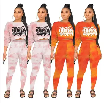 

Autumn Women Tie Dye Black Queen Letter Print Two Piece Set Long Sleeve Tops Jogger Pants Suit Sports Tracksuit Outfit