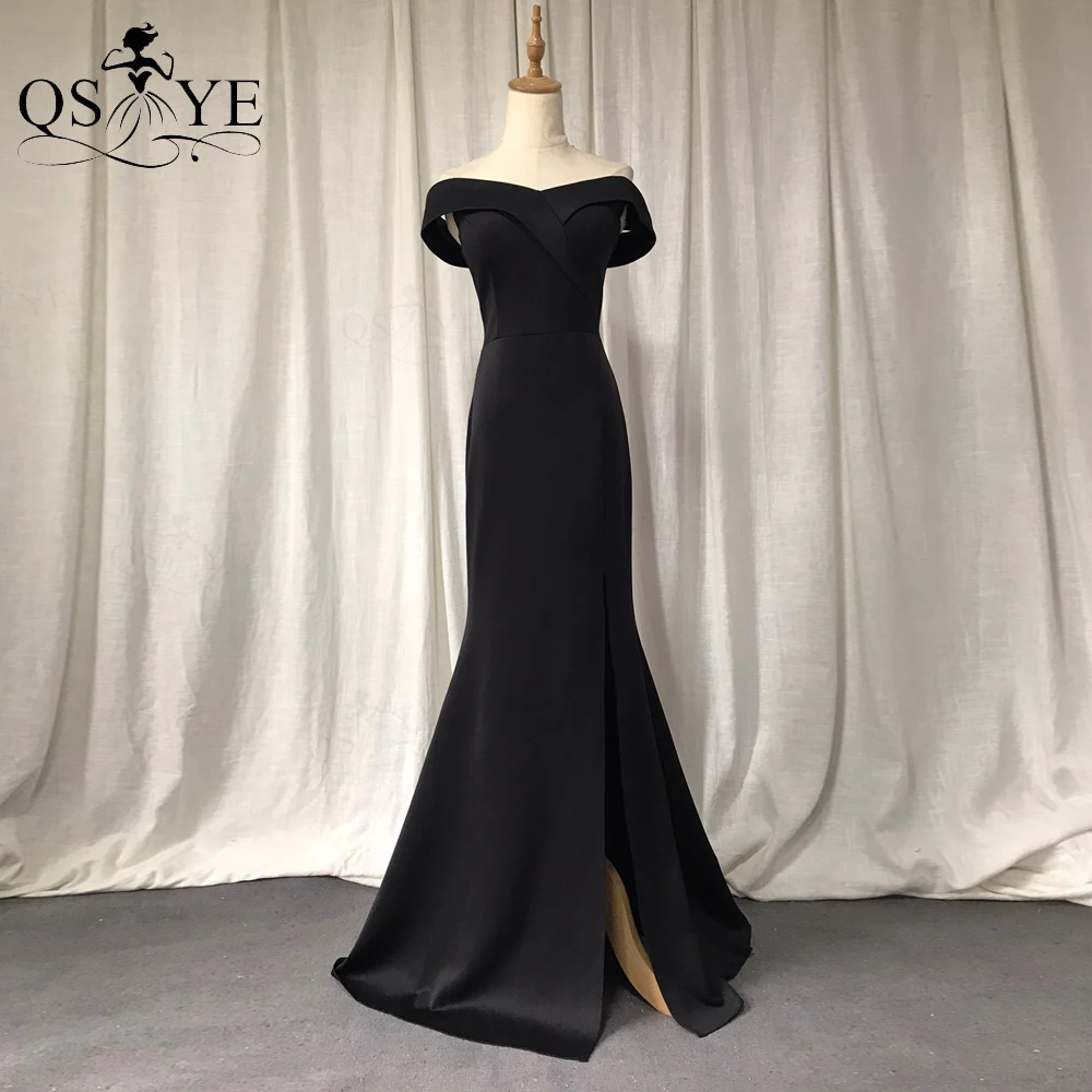 

Black Evening Dresses Mermaid Side Sleeves Women Formal Gown Stretch Crisscross Off Shoulder Black Party Dress Split Celestial
