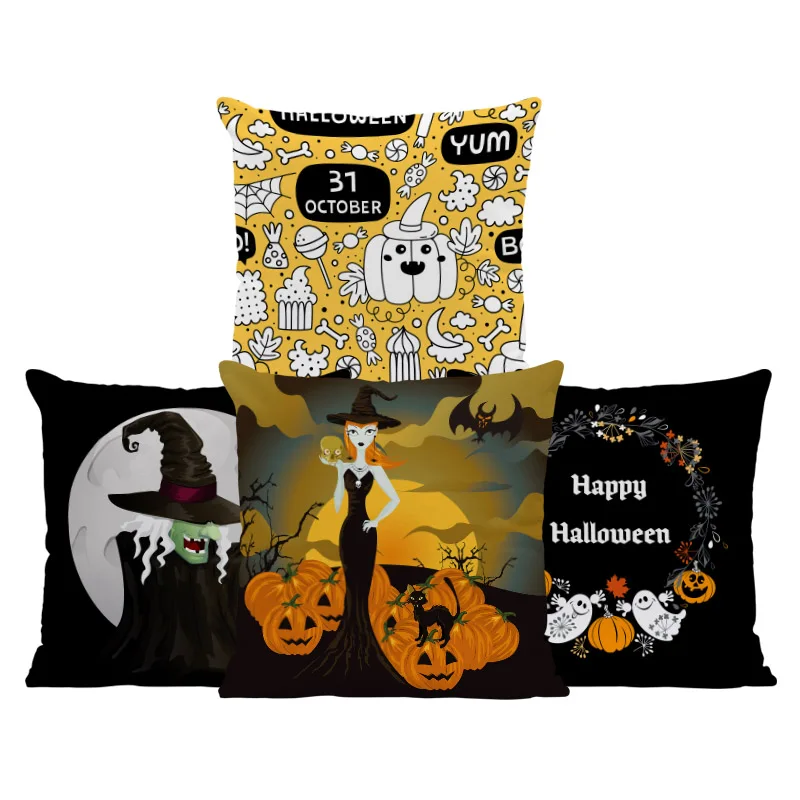 

Horror Fun Pillow Black Moon Witch Cat Skull Cartoon Pillowcase Living Room Sofa 45*45Cm Super Soft Decoration Halloween Cushion