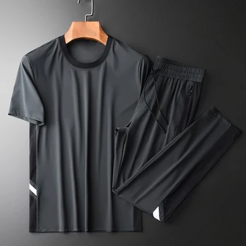 

(t-shirt+pants) Summer Mens Luxury Round Collar T-shirt Casual Sport Man Set Fashion Slim Fit Male Sets 4XL