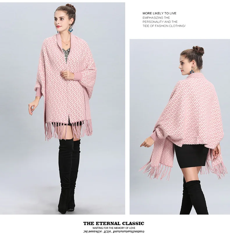 Oversize Fashion Autumn Winter Faux Imitation Knitted Poncho Women Letter 60*205cm Female Batwing Sleeves Wrap Vintage Shawl