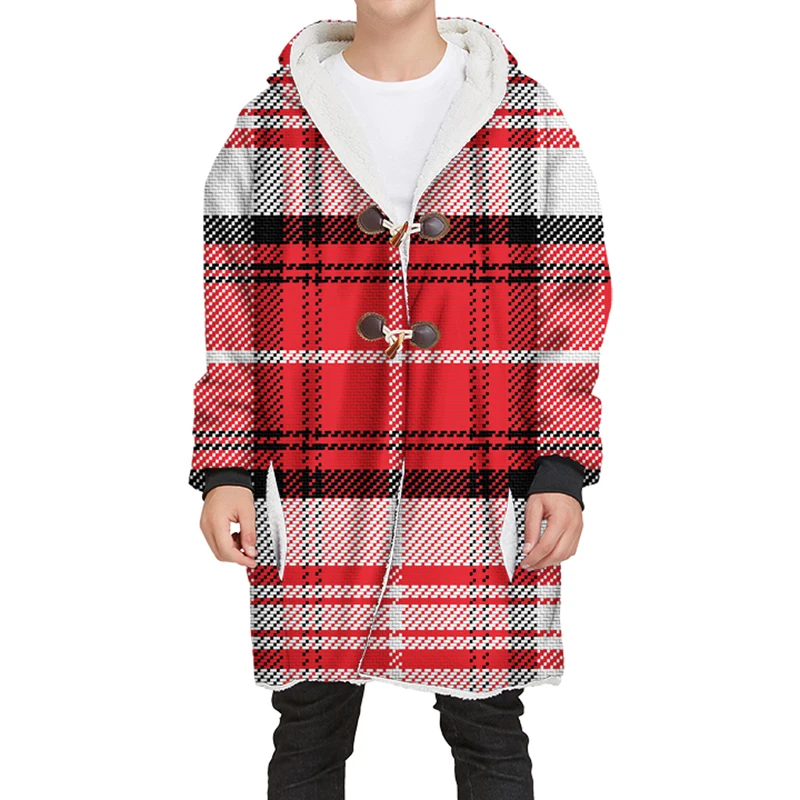 YOUTHUP New Winter Mens Long Velvet Hoodies 3D Different Plaid Printing Hooded Pullovers Thick Hoodies Streetwear