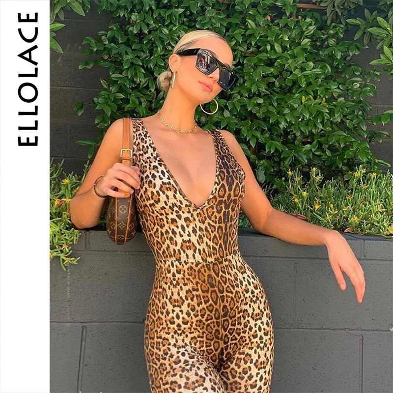 

Ellolace Animal Print Sexy Playsuit Women Deep V Backless Overalls Sleeveless Streetwear Female Fashion 2019 Bodycon Rompers