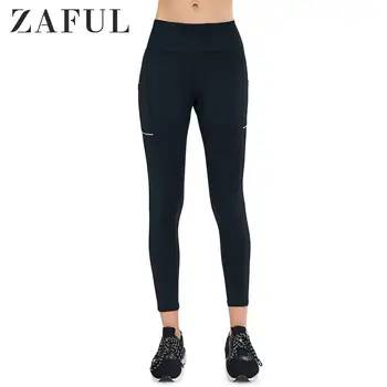 

ZAFUL Side Pocket Wide Belt Gym Leggings Stitching Workout Leggings Waistband Skinny Elastic Solid Mid Waist Sports Leggings