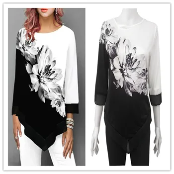 

5XL Plus Size Tops 2020 New Spring Women Print T Shirt Casual Three Quarter O-Neck Floral Irregular Top Loose Casual Tee Shirts