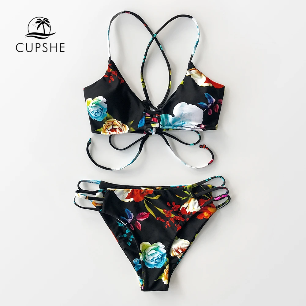 CUPSHE черный цветочный принт Strapp бикини наборы сексуальные на шнуровке купальник