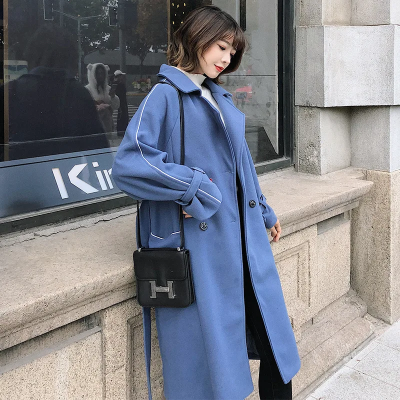 [EWQ] осеннее Новое теплое зимнее шерстяное пальто в консервативном стиле с отложным воротником и длинными рукавами Корейская свободная синяя верхняя одежда QL38605 - Цвет: blue