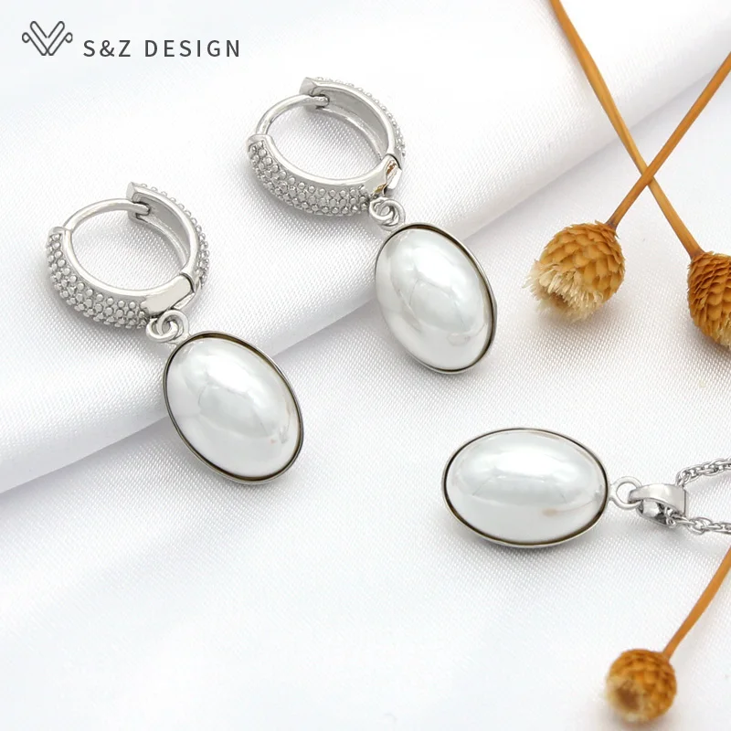 S&Z DESIGN Elegant Red Egg Shape Imitation Oval Pearl Dangle Earrings Necklace Jewelry Sets For Women Wedding Party Jewelry