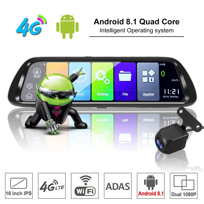 Android 8.1 Car DVR GPS Navigator Camera 10Inch FHD 1080P Stream Media Rear View Mirror 4G GPS Mirror Dash Cam Recorder