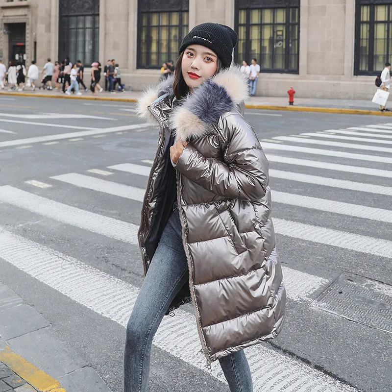 FORERUN длинное зимнее пальто для женщин большой мех с капюшоном глянцевые однотонные куртки-пузырь теплая толстая зимняя верхняя одежда парки Longue Femme