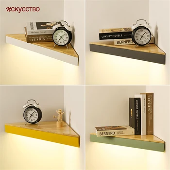 

Nordic Wood Metal Triangular Shelf Corner Wall Light Simplicity Home Deco Bedroom Bedside Lamp Living Room Studio Led Fixtures