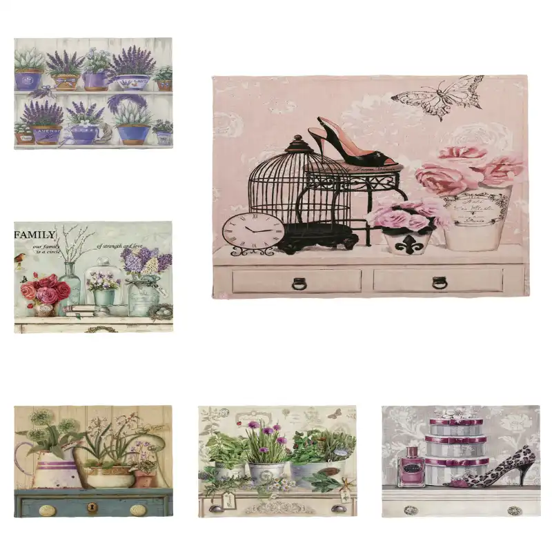Retro Print Placemat Butterfly Flowers Clock Bird Cage Table