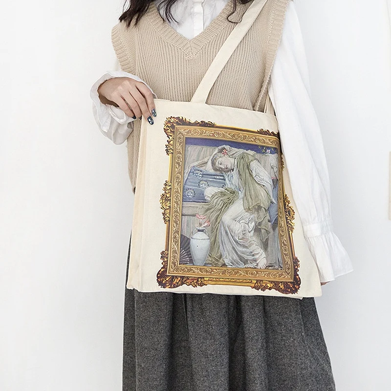 

BEAU-Niche Painting Literary Style Canvas Bag Simple Casual Large Capacity Shoulder Bags Shopping Handbag Ladies Classic Tote