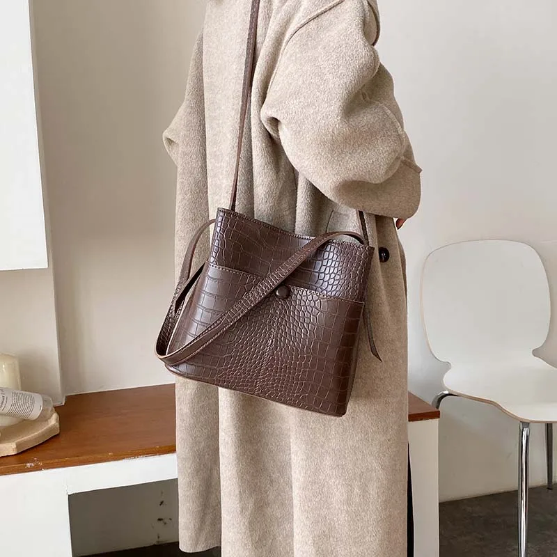 Stone Pattern PU Leather Bucket Bags For Women 2021 Small Shoulder Simple Bag Female Travel Handbags