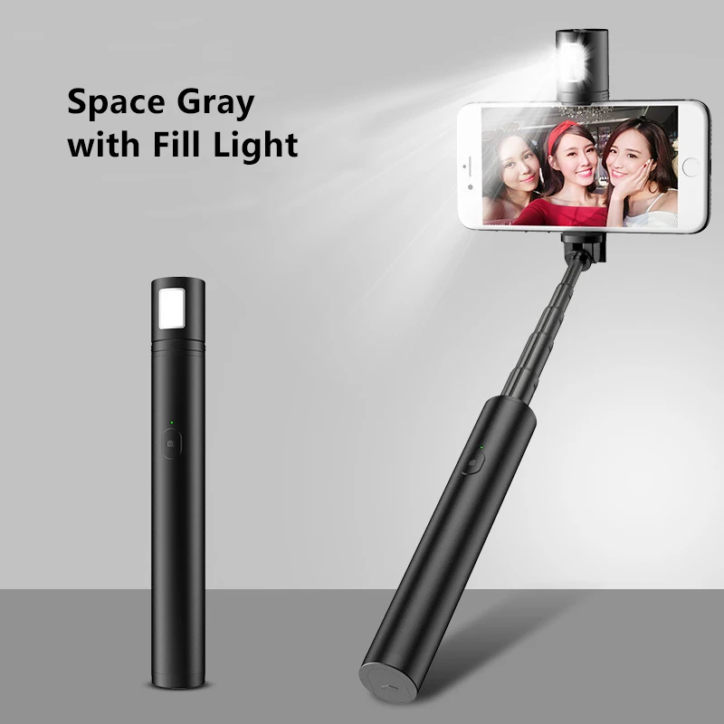 Protable Mini Bluetooth Selfie Stick with LED Fill Light for iPhone 11 Pro max, iPhone xr, Samsung HuaWei XiaoMi - Цвет: Space Gray