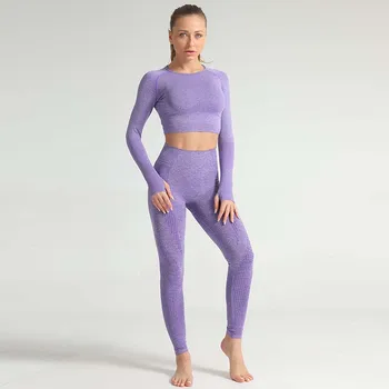 

NORMOV Solid Women Sets O Neck Long Sleeve Pullover And High Waist Push Up Trousers Suit Seamless Femme Sets