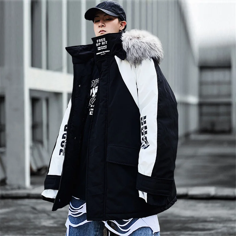 US Size Winter Parkas Men Streetwear Fur Collar Patchwork Thick Cargo Coats Windbreaker Loose Hoody Jackets Male DG458