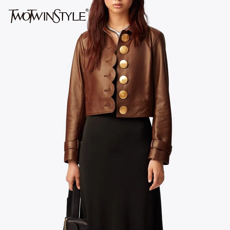 

TWOTWINSTYLE Solid Elegant Women's Leather Jacket Lapel Collar Long Sleeve Big Button Autumn Coat Female 2019 Fashion New
