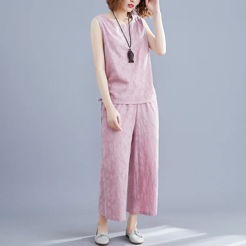 

2019 Summer New Style Literature And Art Retro Jacquard Cotton Linen Loose Fashion Tops + Loose Pants WOMEN'S Suit