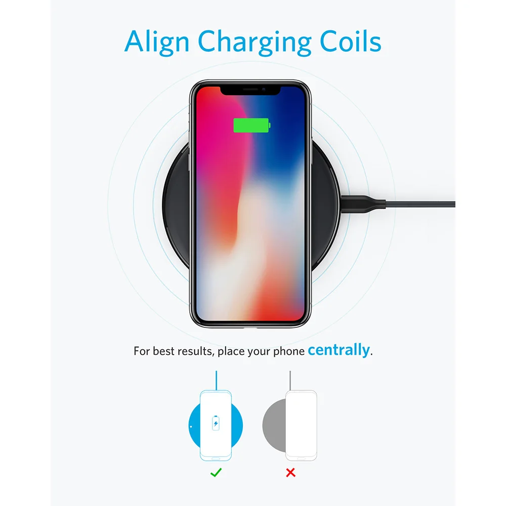 Anker 10 W Беспроводной Зарядное устройство Qi сертифицированы Беспроводной зарядного устройства для iPhone Xs Max/XR/XS/X/8/8 плюс Galaxy S9/S9+/S8/S8+/примечание 9 и т. д