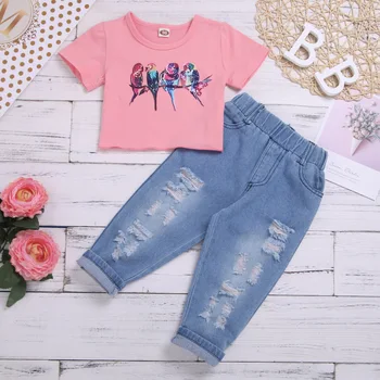 

2020 Children's Girls Summer Wear Tide Set Pink Parrot Solid Color PrintTop Breaker Jeans Two-piece Set Boutique kids clothing