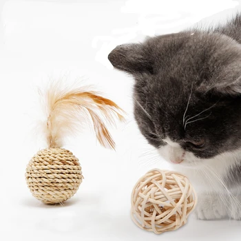 

Pet Cat Toy Rope Weave Feather Rattan Bell Sound Ball Chewing Interactive Playing pet Products Molar Double Ball