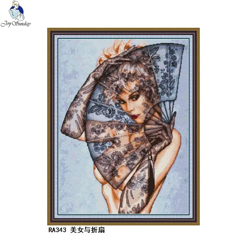 Sexy Beauty and Folding Fan Cross Stitch Kit 14ct 11ct Character Print Canvas Needlework Embroidery Set Home Decoration Painting