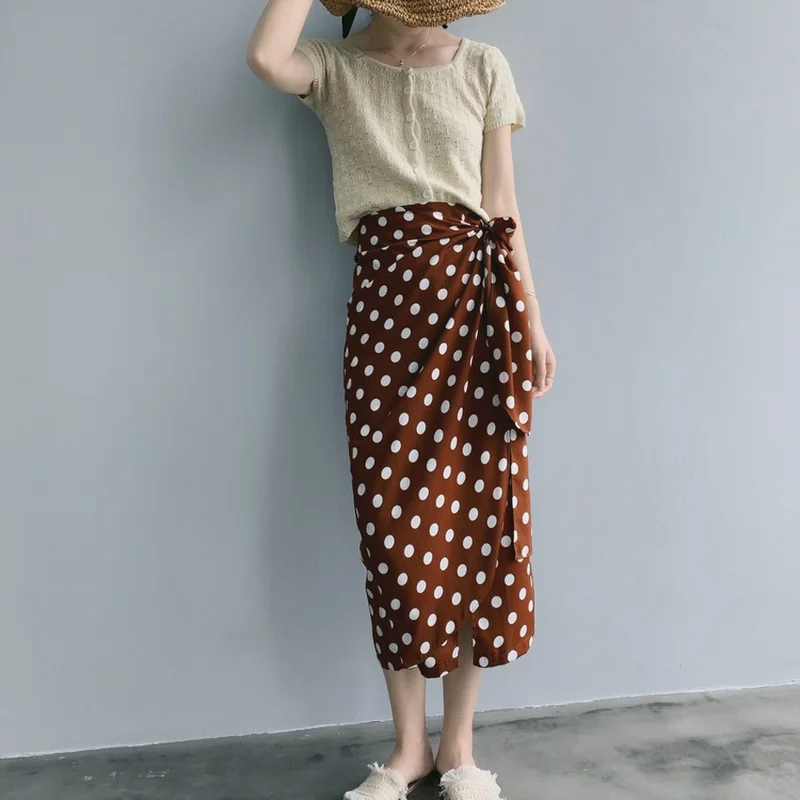 

Summer 2019 New High Waist Slim Lace-up Asymmetrical Skirt Long Split Wave Point Casual Chiffon Skirt Women