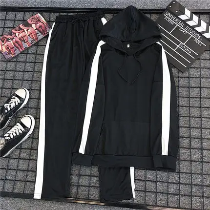 Mooirue женский спортивный костюм Повседневный Harajuku плюс Размер Уличная с капюшоном топы в полоску, с высокой талией брюки свободные осенние комплекты из 2 предметов - Цвет: Черный