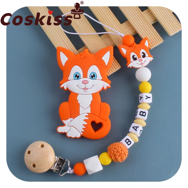 Coskiss Personalized Name Handmade Pacifier Clips Holder Chain Silicone Pacifier Chains Set Civet Cat Baby Teether Chain Orange