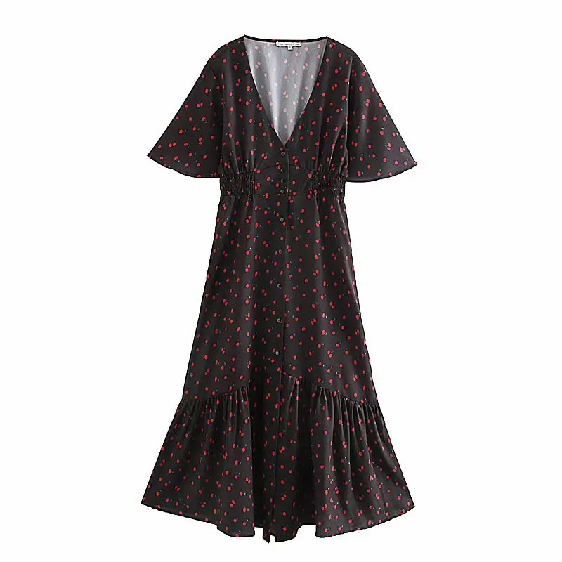 

Vacation Style 2020 Summer French Waist Hugging Style Goddess-Style Short Sleeve V-neck Floral Printed Dress Flounced Dress