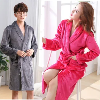 

Loose Oversize 3XL Warm Kimono Bathrobe Winter Flannel Robe For Couple Long Sleeve V-neck Sleepwear Turn-down Collar Nightgown