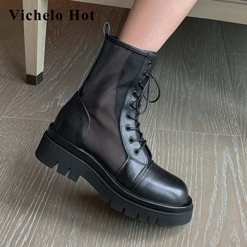 

Vichelo Hot simple style patchwork air mesh breathable sunscreen round toe high square heels beauty lady dress ankle boots L86