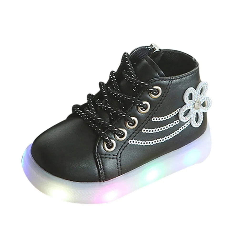 Обувь для детей, для девочек, с цветочным принтом и искусственными бриллиантами со светящимися вставками кроссовки светильник на шнуровке; спортивная обувь для баскетбола бег "Принцесса" для деток с года до трех маленьких обувь уличная 19Sep