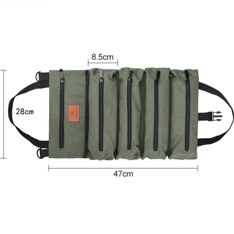 Sac Organisateur à Outils En Toile Cirée - 5 Poches Zippées - Vert Militaire - 48x28cm - Pour Rangement Transport