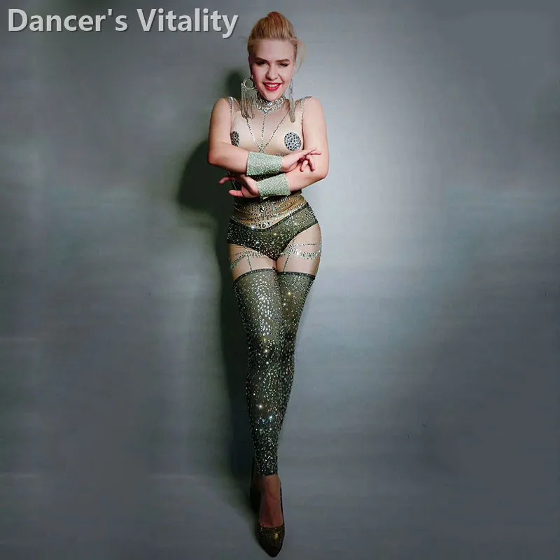 Сияющий Горный Хрусталь Печатный Комбинезон Sexy Dancer Певица Леггинсы Костюм Цельный Боди Ночная одежда Партии Wear Сексуальное Платье